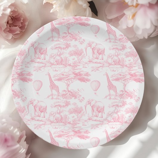 Pink Safari Animals Toile de Jouy Baby Dusche Pappteller