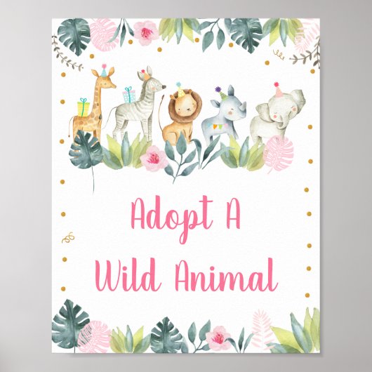 Pink Safari Jungle Adoptiere ein Tier Geburtstag Poster (Vorne)