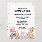 Pink Safari Jungle Tier Geburtstagseinladung Einladung (Vorne/Hinten)