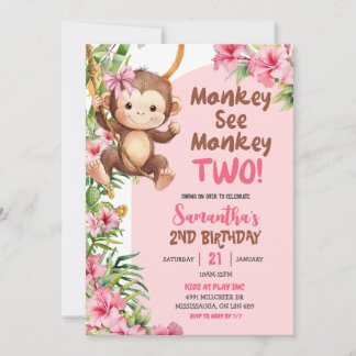 Pink Safari Monkey See Monkey Two 2nd Birthday Einladung