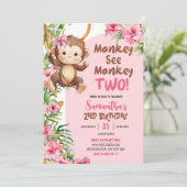 Pink Safari Monkey See Monkey Two 2nd Birthday Einladung (Stehend Vorderseite)