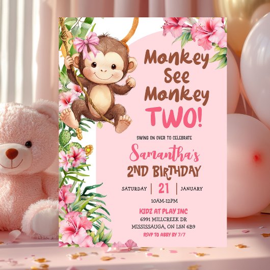 Pink Safari Monkey See Monkey Two 2nd Birthday Einladung