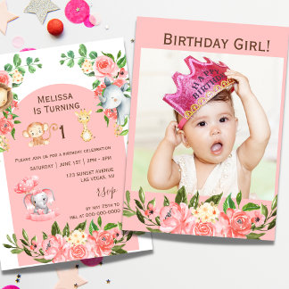 Pink Safari Thema Erstes Geburtstag Foto Einladung
