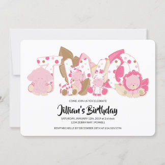 Pink Safari Tiere 2. Geburtstag Party Einladung