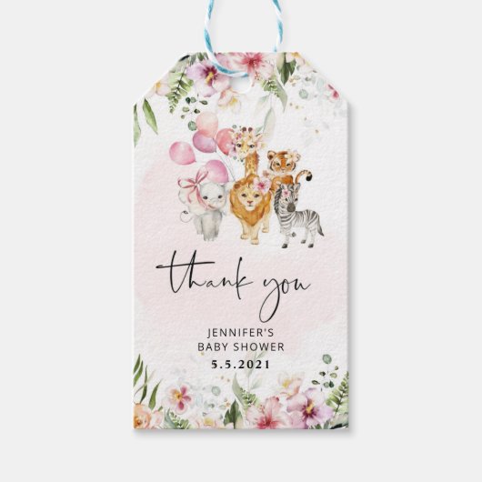 Pink Safari Tiere Baby Dusche danke Geschenkanhänger (Vorderseite)