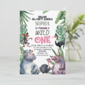 Pink Safari Tiere Wild 1. Geburtstag Einladung (Stehend Vorderseite)