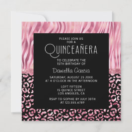 Pink Safari Tiger Leopard Shimmer Quinceañera Einladung