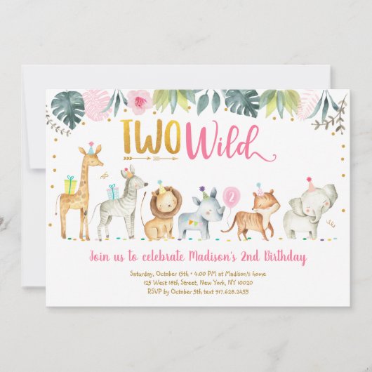 Pink Safari Two Wild Geburtstag Einladung (Vorderseite)