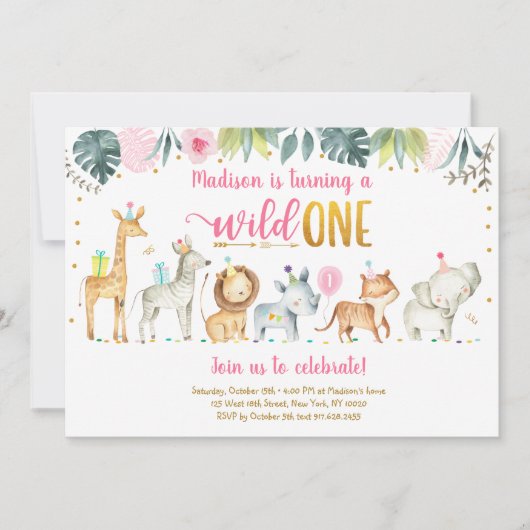 Pink Safari Wild One Geburtstag Einladung (Vorderseite)