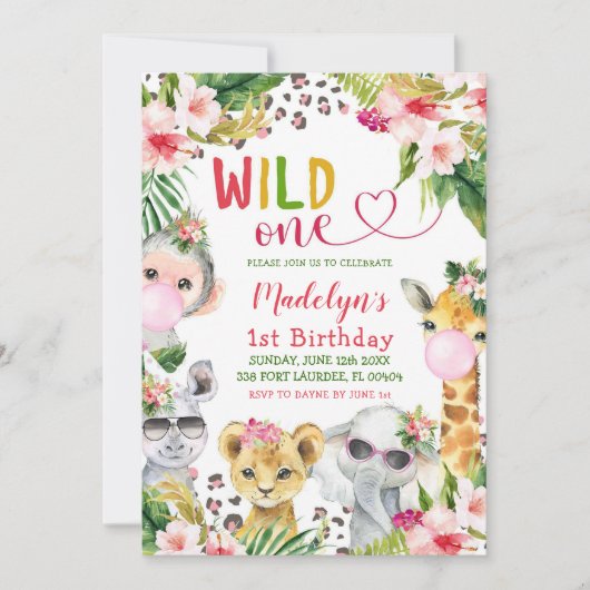 Pink Safari Wild One Girl Birthday Party Einladung (Vorderseite)
