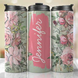 Pink Sage Green Floral Hinzufügen Name Custom Gesc Thermosbecher