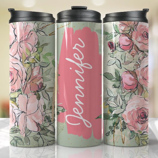 Pink Sage Green Floral Hinzufügen Name Custom Gesc Thermosbecher
