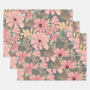 Pink Sage Green Flowers Leave Watercolor Geschenkpapier Set