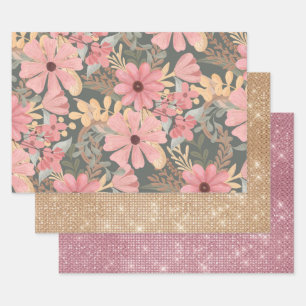 Pink Sage Green Flowers Leave Watercolor Geschenkpapier Set