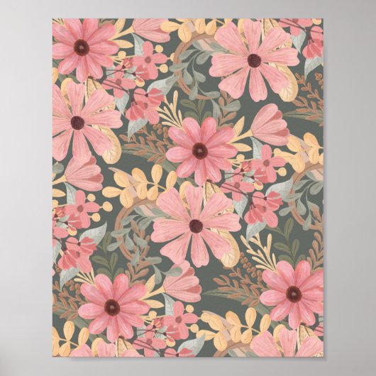 Pink Sage Green Flowers Leave Watercolor Poster (Vorne)