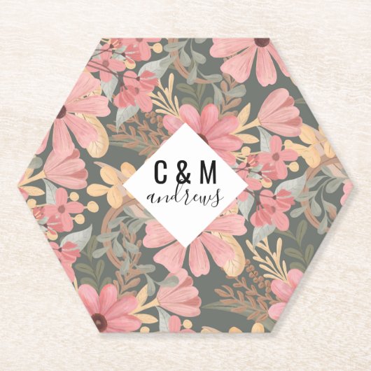 Pink Sage Green Flowers Leave Watercolor Untersetzer (Vorderseite)