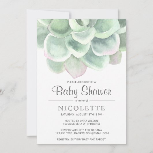 Pink Sage Green Girl Succulent Baby Dusche Einladung (Vorderseite)