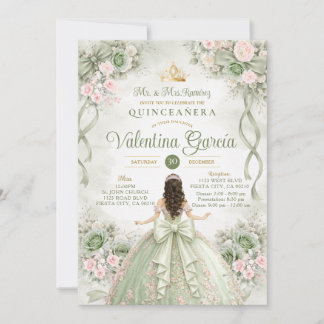 Pink & Sage Green Quinceañera Princess XV Party Einladung