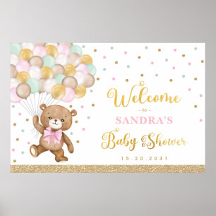 Pink Sage Green Teddy Bären Balloon Welcome Baby Poster