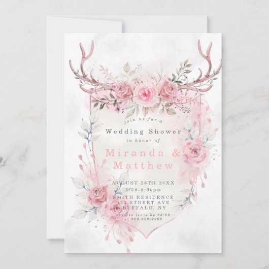 Pink Sage Peony Deer Antler S Polterabend Einladun (Vorderseite)