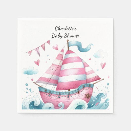Pink Sailboat Nautical Baby Dusche Papier Napkins Serviette (Vorderseite)