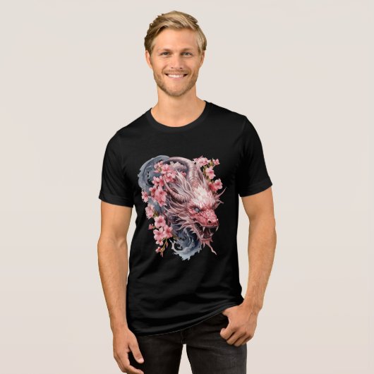 Pink Sakura Dragon with Flowing Mane Tri-Blend Shirt (Vorderseite voll)