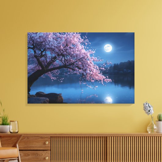 Pink Sakura Tree & Full Moon Night Canvas Print Leinwanddruck (Insitu (Wohnzimmer))