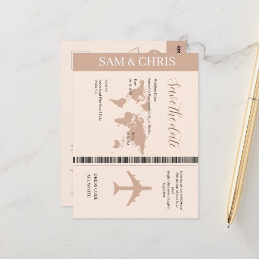 Pink Salmon Boarding Pass World Map Travel Postkarte (Vorderseite/Rückseite Beispiel)