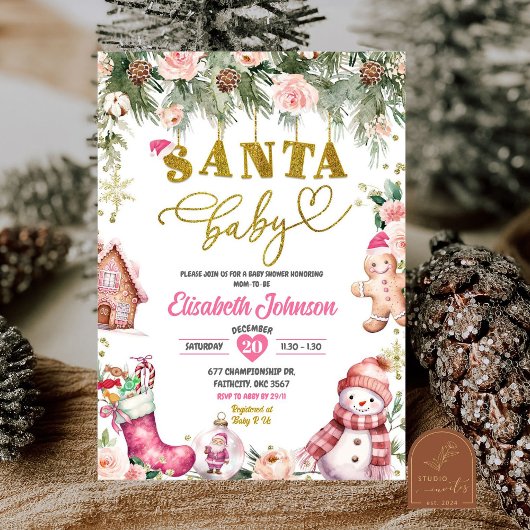 Pink Santa Baby Floral Weihnachtsdusche Einladung