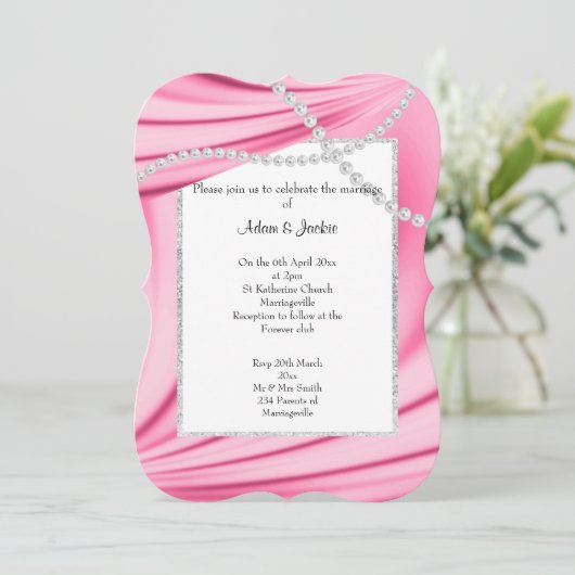PINK SATIN, DIAMONDS & PEARLS ELEGANT WEDD 2 EINLADUNG (Stehend Vorderseite)