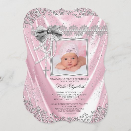 Pink Satin Foto Taufe Christening Einladung (Vorne/Hinten)