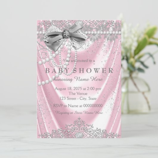 Pink Satin Pearl Girly Babydusche Einladung (Stehend Vorderseite)