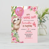 Pink Savannah Sloth Let's Hang Out Birthday Einladung (Stehend Vorderseite)