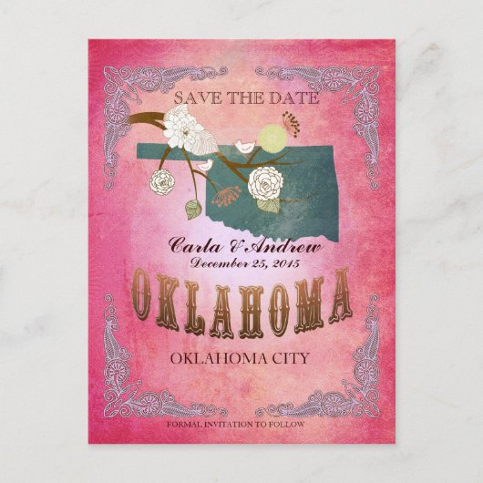 Pink Save the Date - Oklahoma Karte mit hübschen V (Vorderseite)