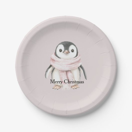 Pink Scarf Penguin Christmas Pappteller (Vorderseite)