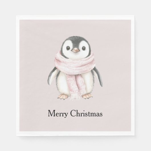 Pink Scarf Penguin Christmas Serviette (Vorderseite)