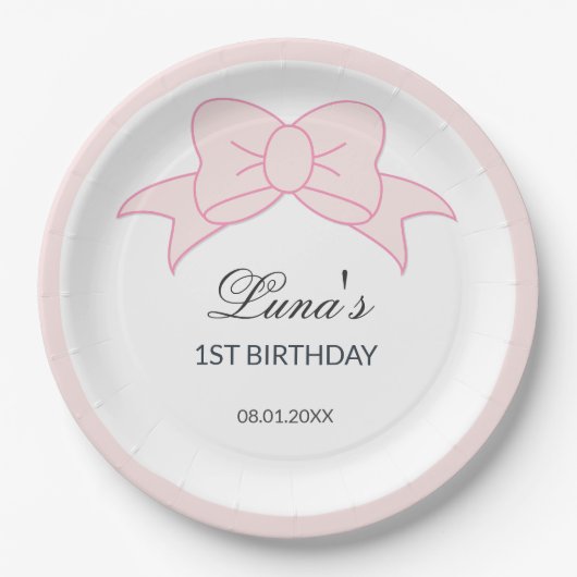 Pink Schleife Mädchen Kinder 1. Geburtstag Pappteller (Vorderseite)