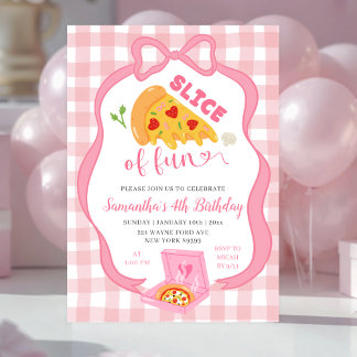Pink Schleifen-Gingham-Scheibe Spaß-Pizza-Geburtst Einladung