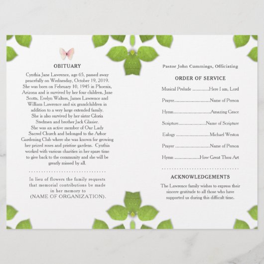 Pink-Schmetterling-Beerdigungsprogramm (Rückseite)