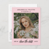 Pink Schönes Script Sweet 16 Foto Save the Date Ankündigungspostkarte (Vorne/Hinten)