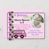Pink School Bus Wheels mit Foto Einladung (Vorne/Hinten)