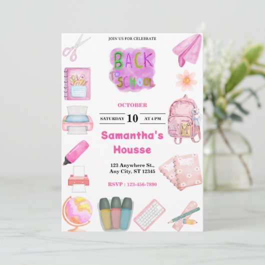 Pink School tools Birthday Einladung (Stehend Vorderseite)