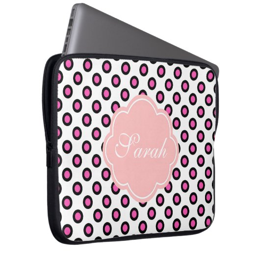 Pink-schwarz-Kreis-Polka-Punkte-Monogramm Laptopschutzhülle (Vorne Rechts)