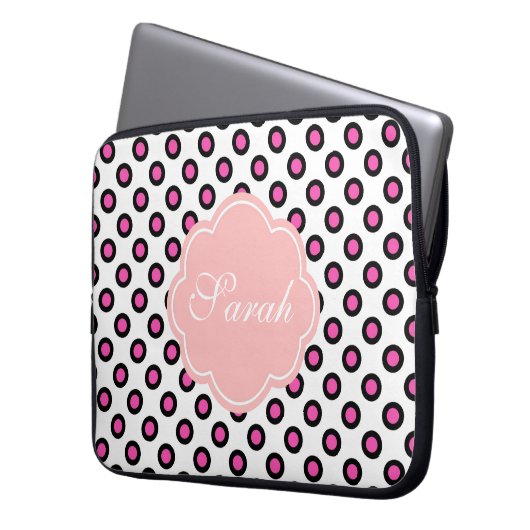 Pink-schwarz-Kreis-Polka-Punkte-Monogramm Laptopschutzhülle (Vorderseite Links)