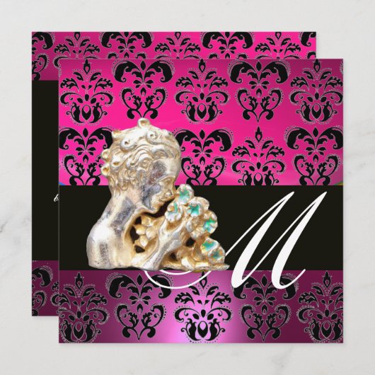 PINK, SCHWARZ, LILA, DAMASK JEWEL MONOGRAM fuchsia Einladung (Vorne/Hinten)