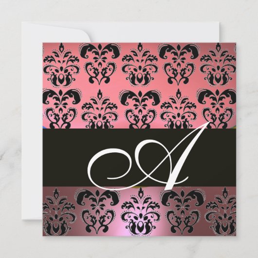 PINK, SCHWARZ, LILA DAMASK-MONOGRAMM, weiß Einladung (Vorderseite)