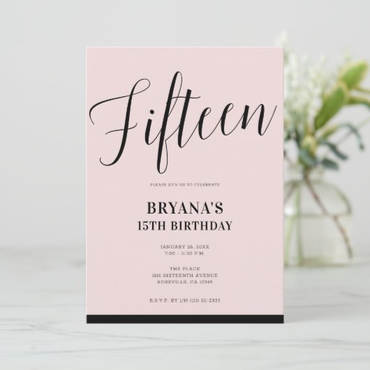 Pink & Schwarz Moderne Minimal Script 15 15 15. Einladung (Stehend Vorderseite)