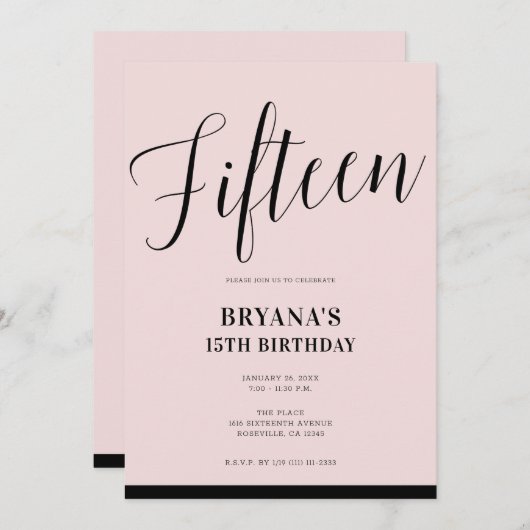 Pink & Schwarz Moderne Minimal Script 15 15 15. Einladung (Vorne/Hinten)