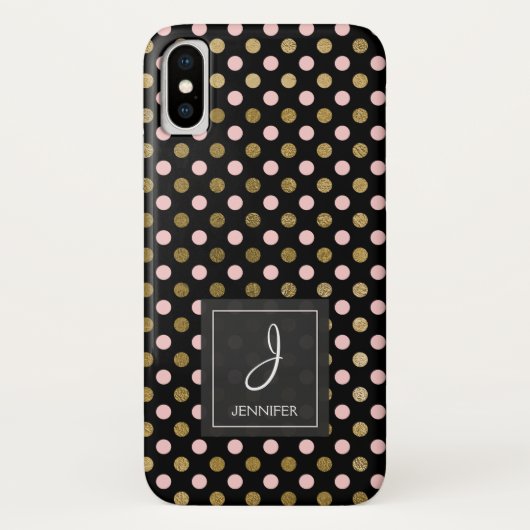 Pink, Schwarz und Gold Foil Polka Dot Monogramm Case-Mate iPhone Hülle (Rückseite)