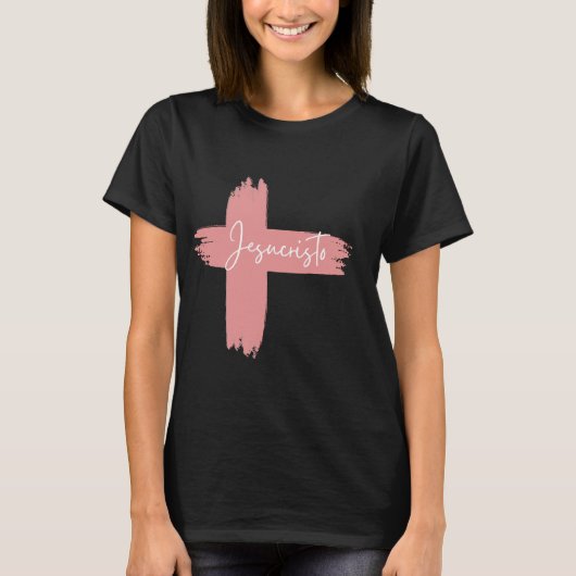 Pink Schwarz-weiß Cross Jesucristo T-Shirt (Vorderseite)